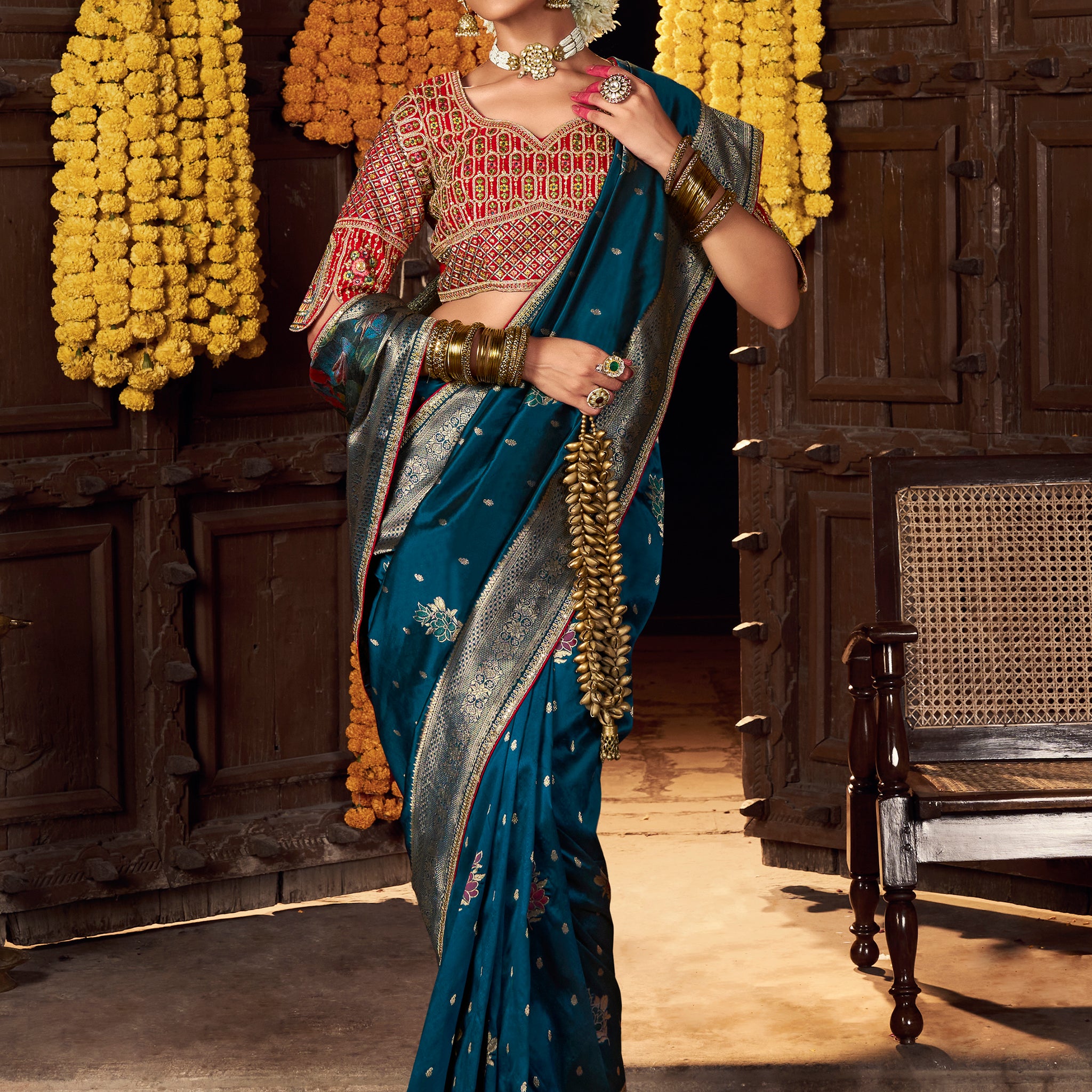 Fabulous Teal Blue Zari Weaving Silk Festive Wear Saree With Blouse