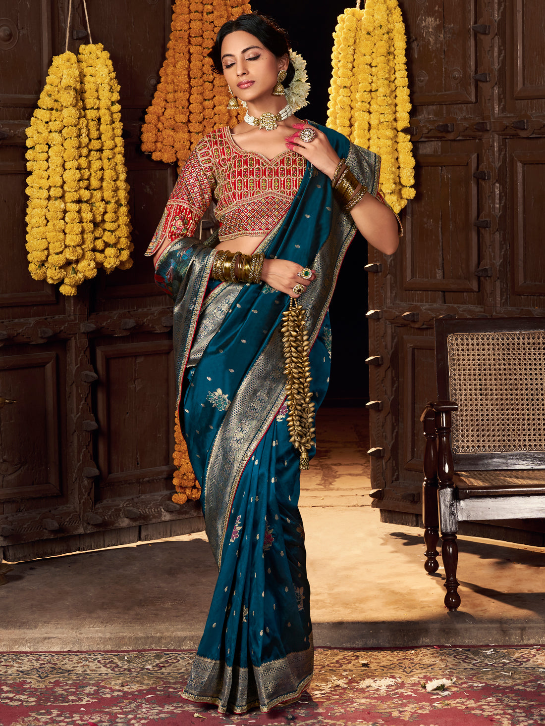 Fabulous Teal Blue Zari Weaving Silk Festive Wear Saree With Blouse