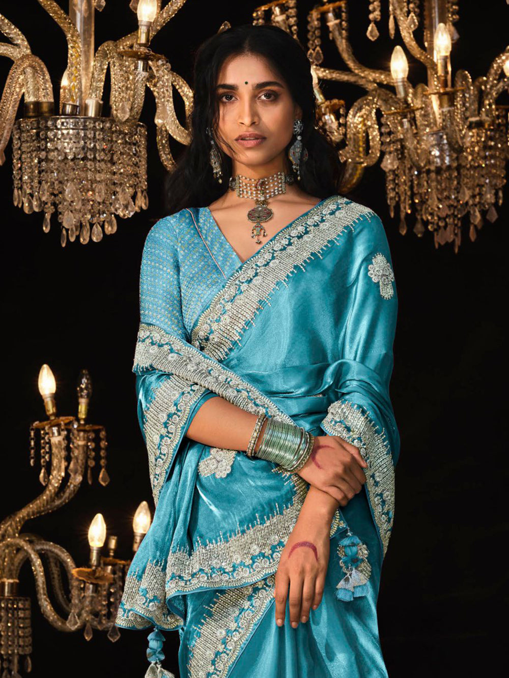 Adorable Sky-Blue Embroidered Tissue Silk Designer Saree With Blouse