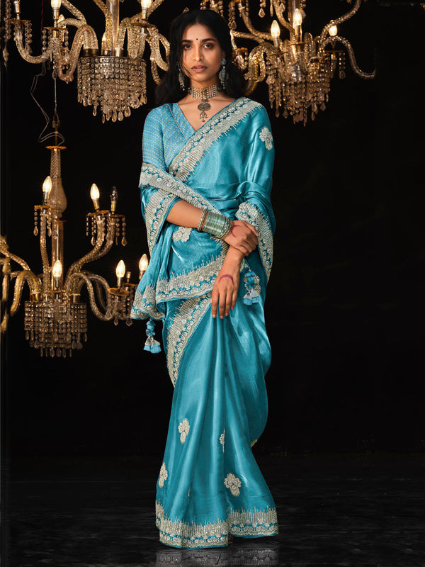 Adorable Sky-Blue Embroidered Tissue Silk Designer Saree With Blouse