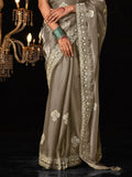 Enchanting Brown Embroidered Tissue Silk Wedding Wear Saree
