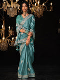 Fascinating Teal Blue Embroidered Tissue Silk Engagement Wear Saree