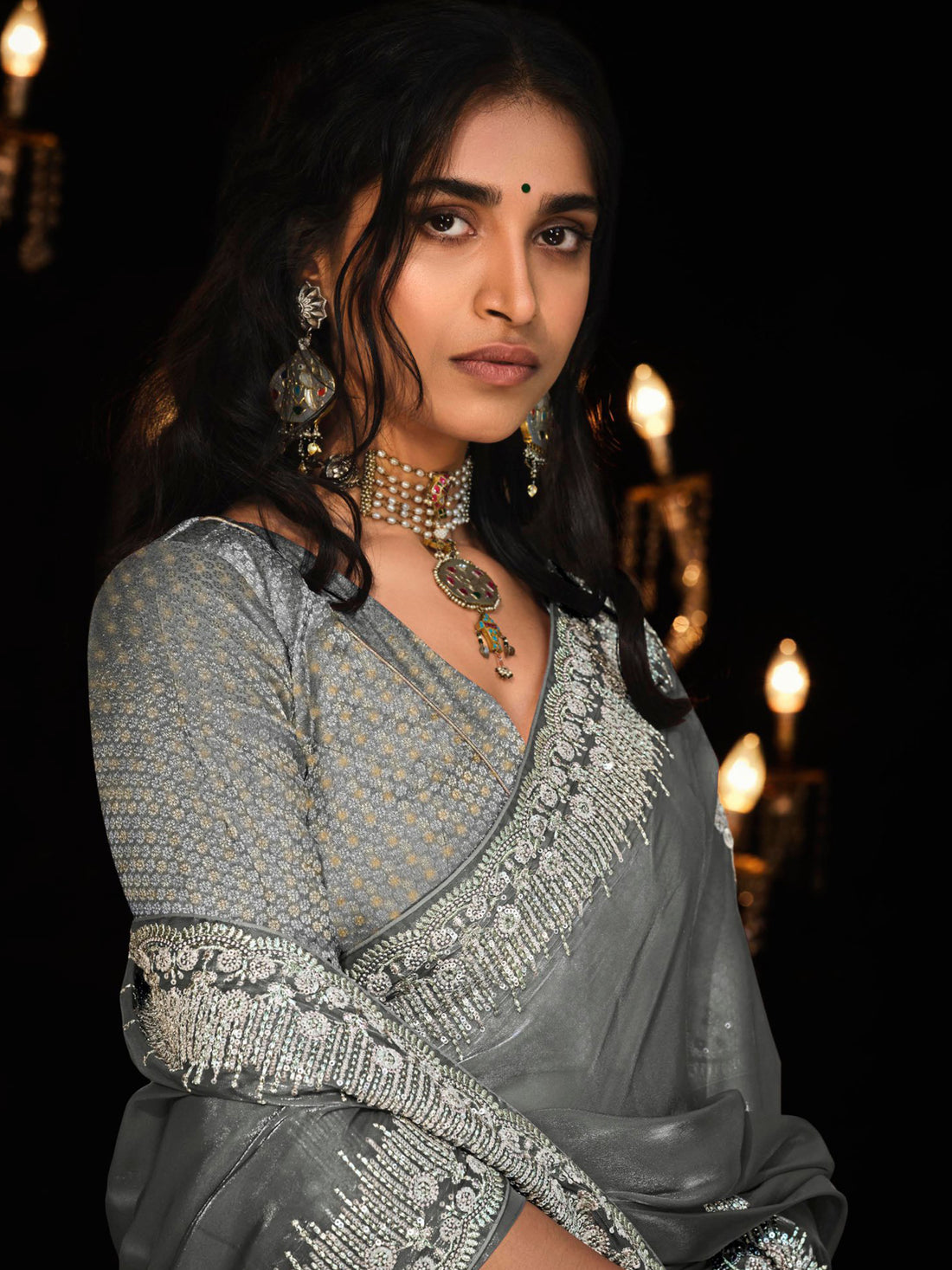 Mesmerizing Grey Embroidered Tissue Silk Saree With Blouse