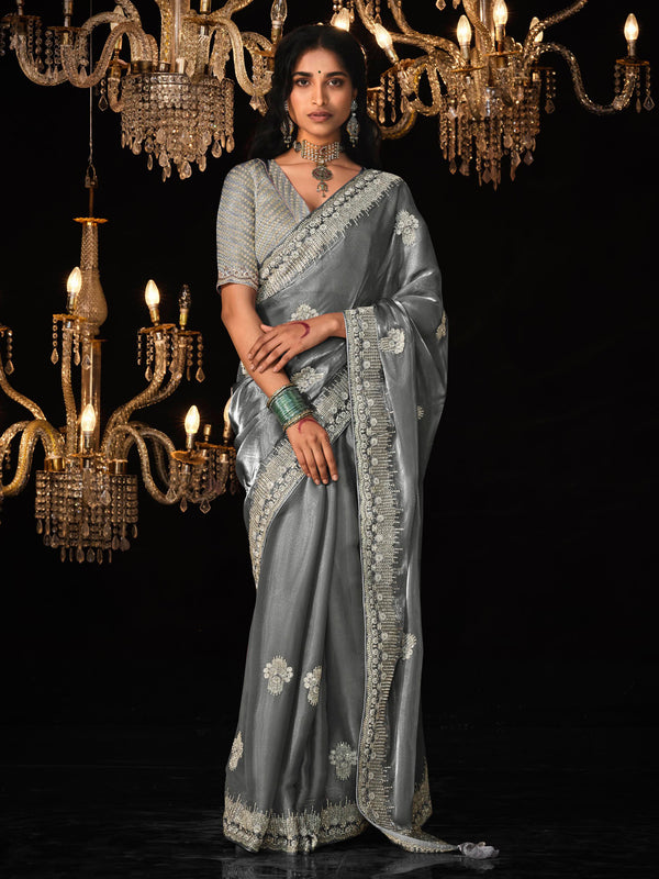 Mesmerizing Grey Embroidered Tissue Silk Saree With Blouse