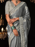 Mesmerizing Grey Embroidered Tissue Silk Saree With Blouse