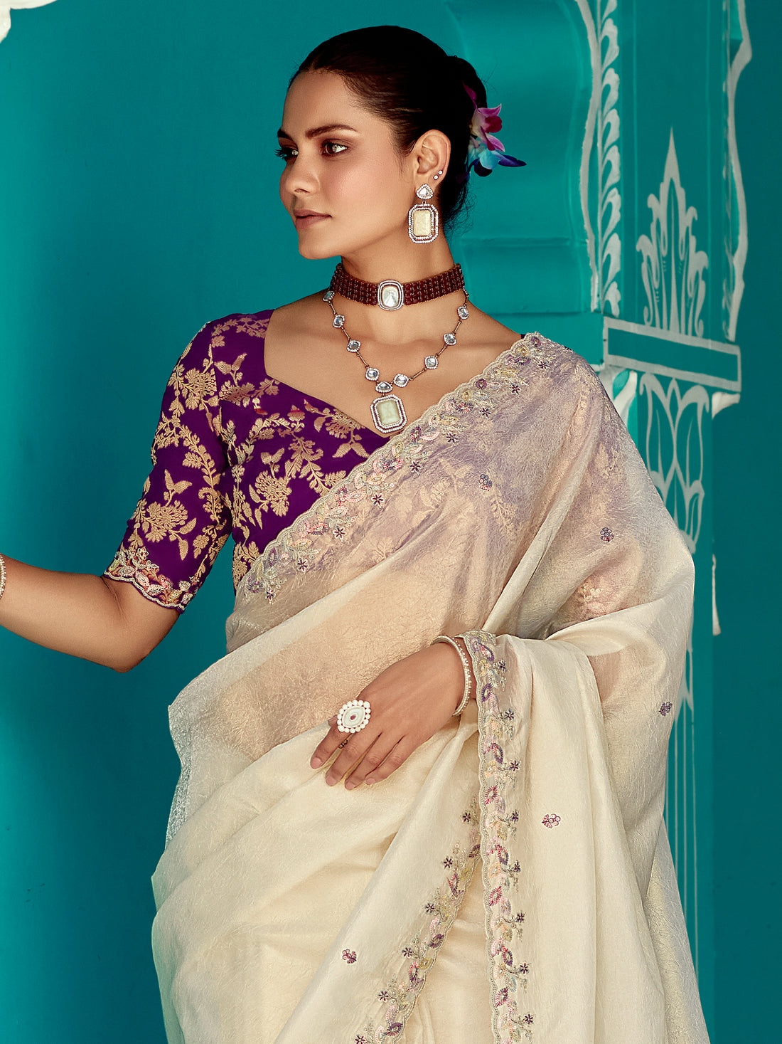 Alluring Cream Sequins Work Tissue  Silk Festive Wear Saree