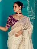 Alluring Cream Sequins Work Tissue Silk Festive Wear Saree