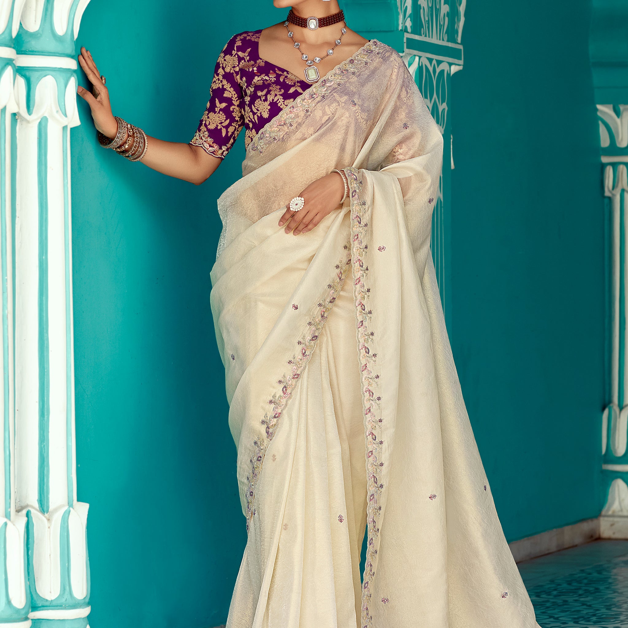 Alluring Cream Sequins Work Tissue  Silk Festive Wear Saree