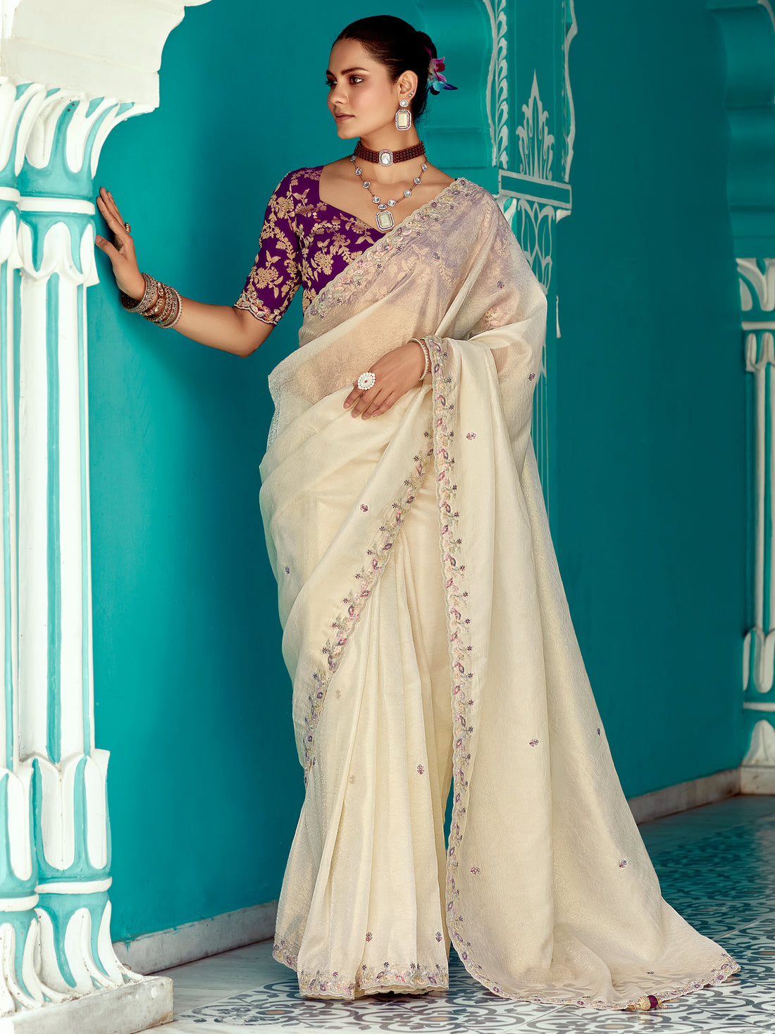 Alluring Cream Sequins Work Tissue  Silk Festive Wear Saree