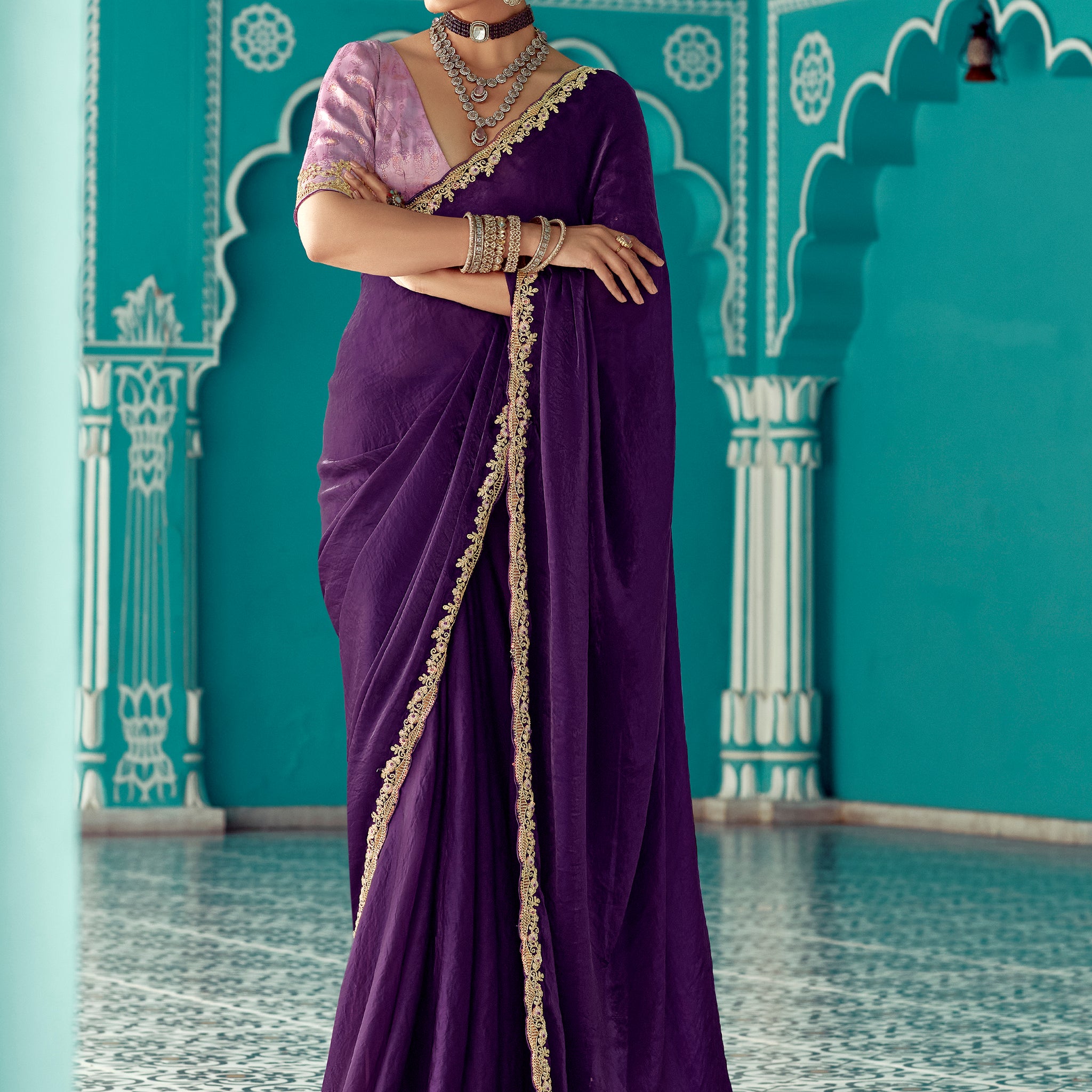 Glamorous Purple Sequins Work Tissue Silk Bridal Wear Saree