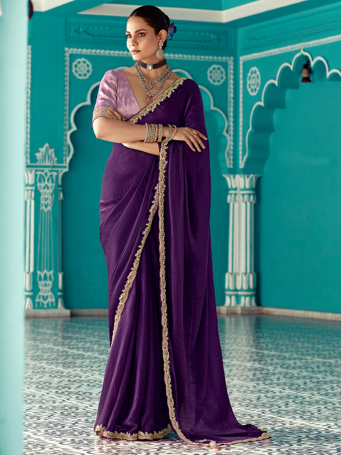 Glamorous Purple Sequins Work Tissue Silk Bridal Wear Saree