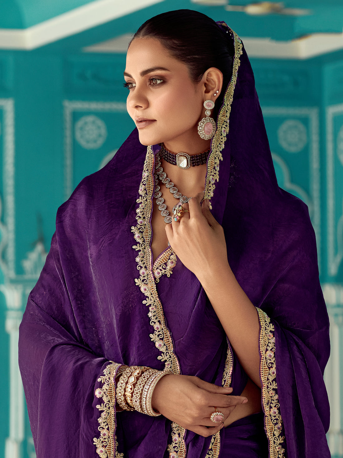 Glamorous Purple Sequins Work Tissue Silk Bridal Wear Saree