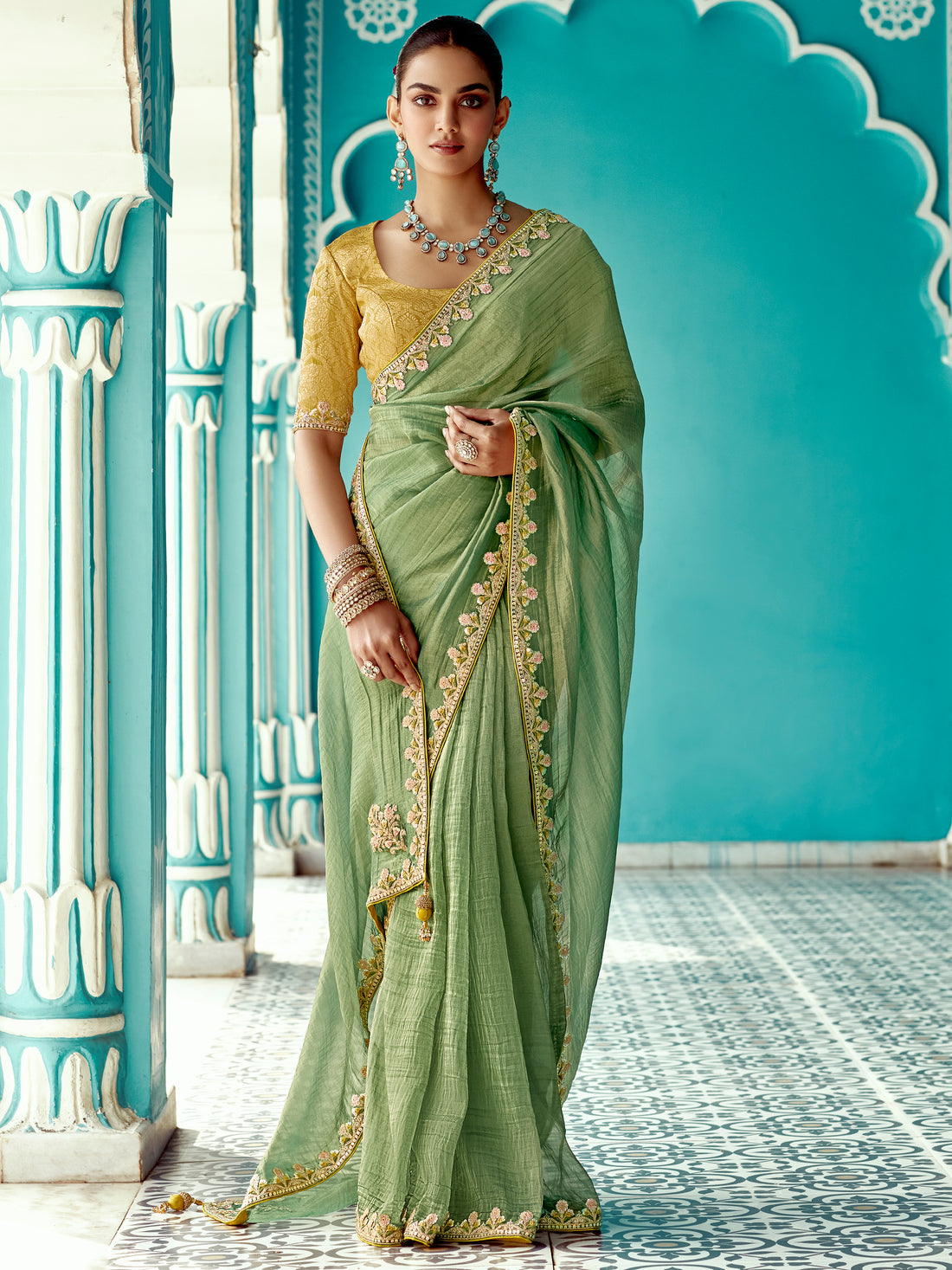 Bewitching Pista Green Thread Bordered Tissue Silk Traditional Saree
