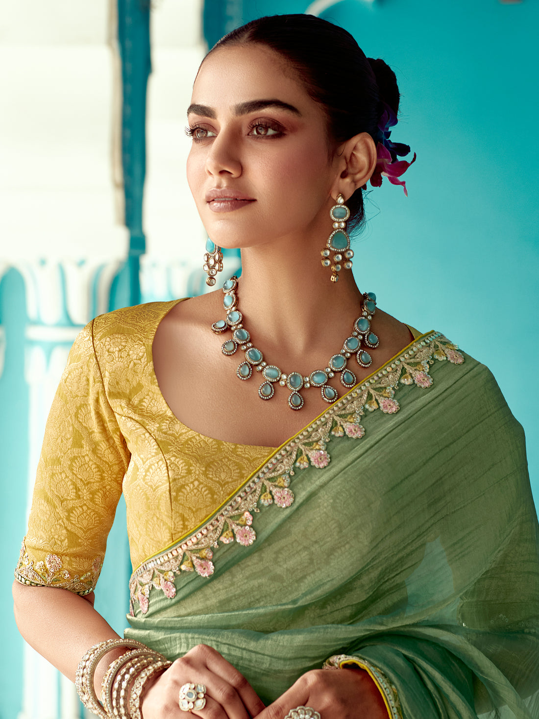 Bewitching Pista Green Thread Bordered Tissue Silk Traditional Saree