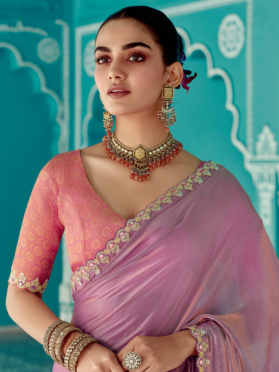Lovely Lilac Thread Bordered Work Tissue Silk Engagement Wear Saree With Blouse