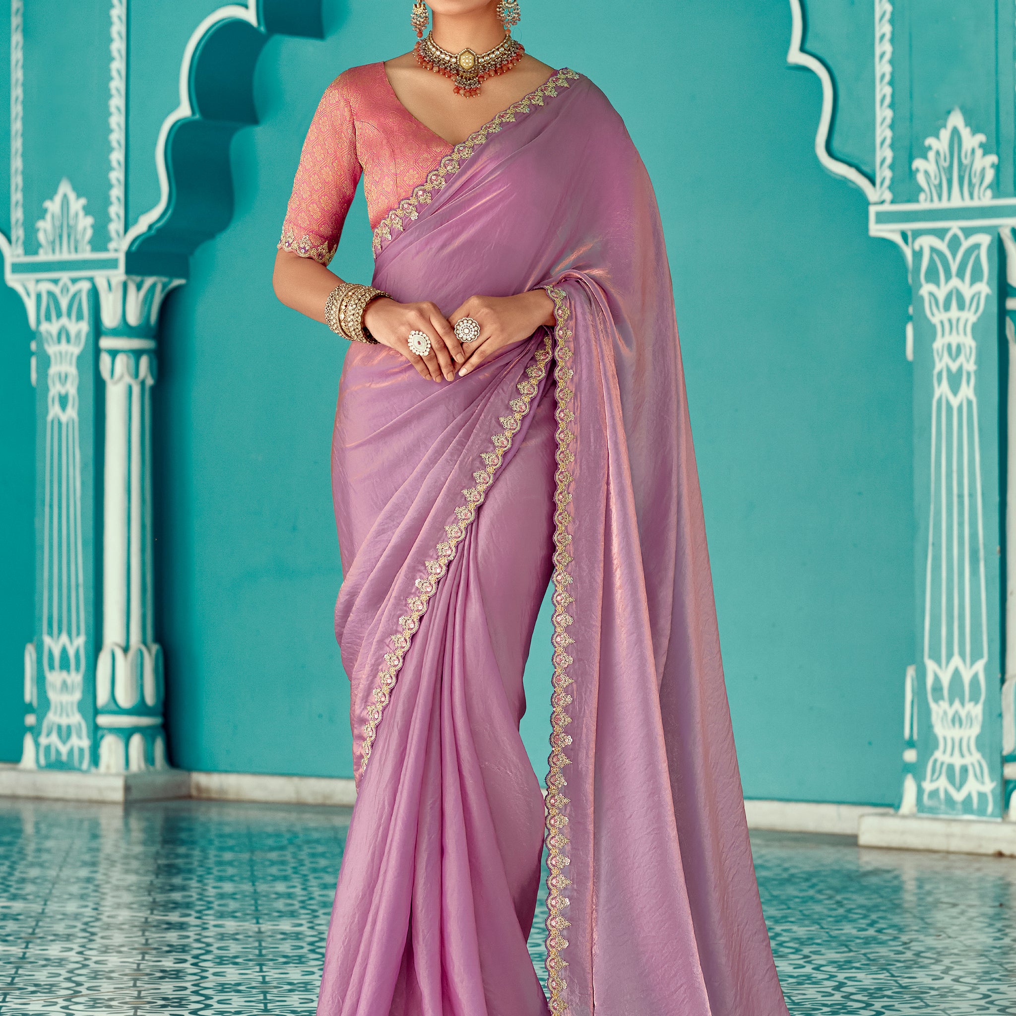 Lovely Lilac Thread Bordered Work Tissue Silk Engagement Wear Saree With Blouse