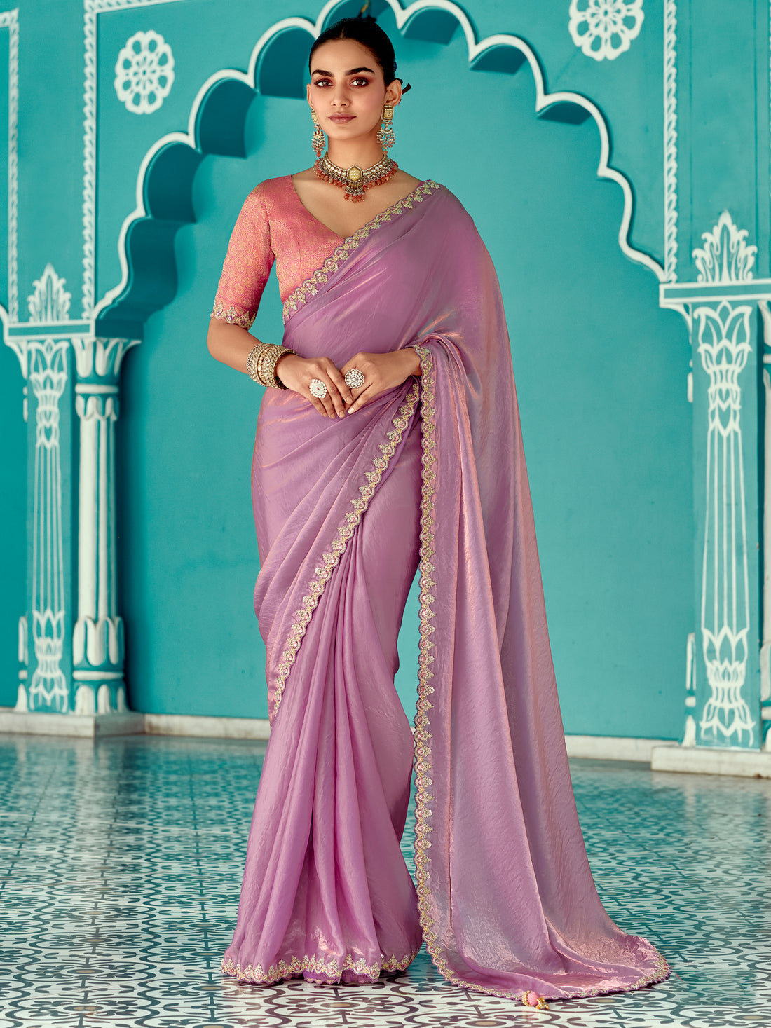 Lovely Lilac Thread Bordered Work Tissue Silk Engagement Wear Saree With Blouse