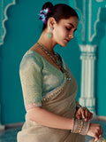 Stunning Beige Embroidered Border Tissue Silk Festive Wear Saree
