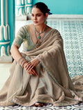 Stunning Beige Embroidered Border Tissue Silk Festive Wear Saree