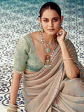 Stunning Beige Embroidered Border Tissue Silk Festive Wear Saree