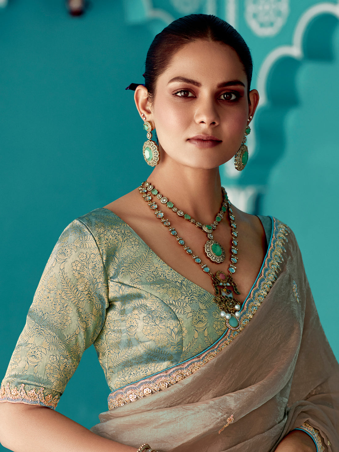Stunning Beige Embroidered Border Tissue Silk Festive Wear Saree