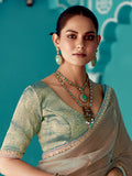 Stunning Beige Embroidered Border Tissue Silk Festive Wear Saree