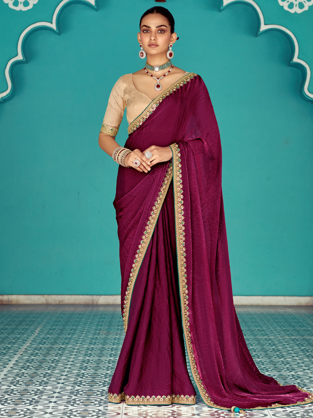 Glamorous Wine Embroidered Border Tissue Silk Bridal Wear Saree