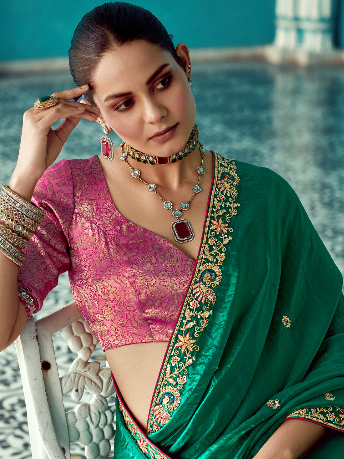 Attractive Green Embroidered Border Tissue Silk Wedding Wear Saree With Blouse