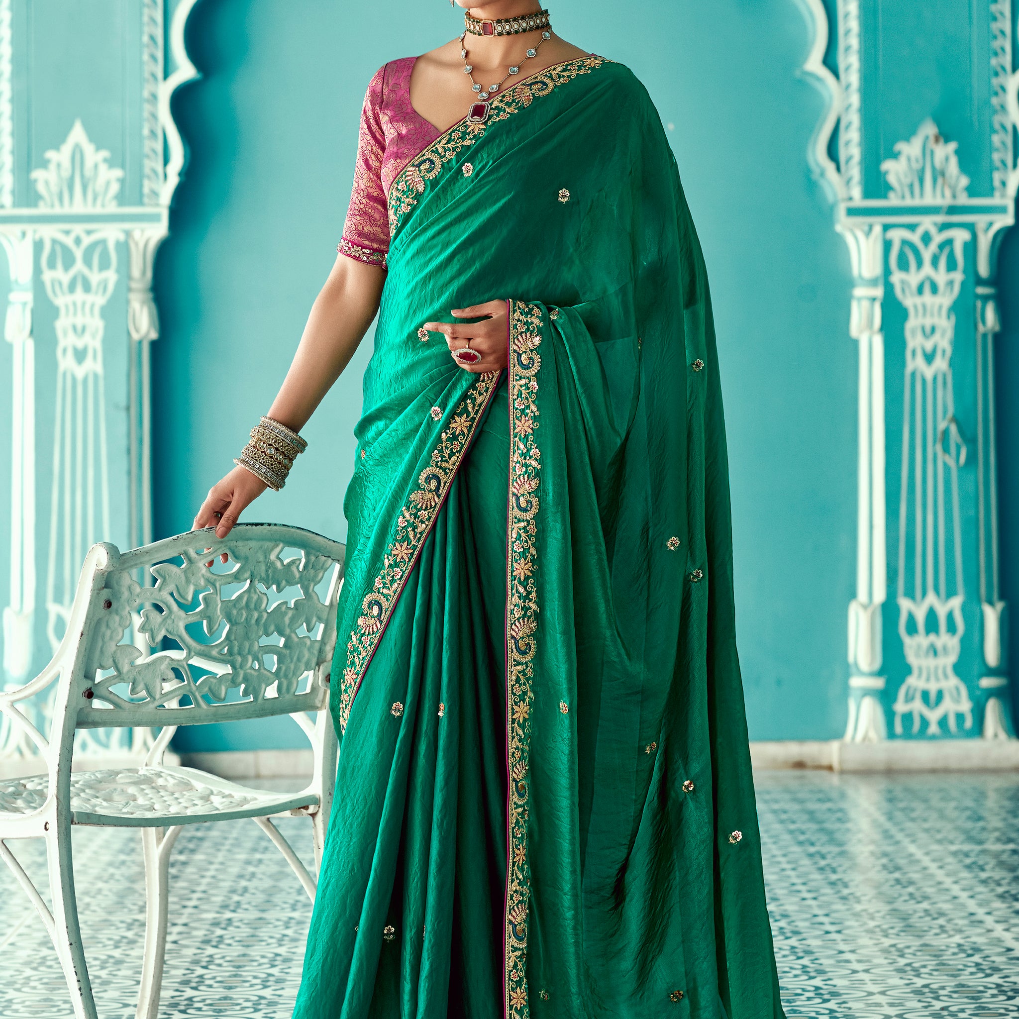 Attractive Green Embroidered Border Tissue Silk Wedding Wear Saree With Blouse