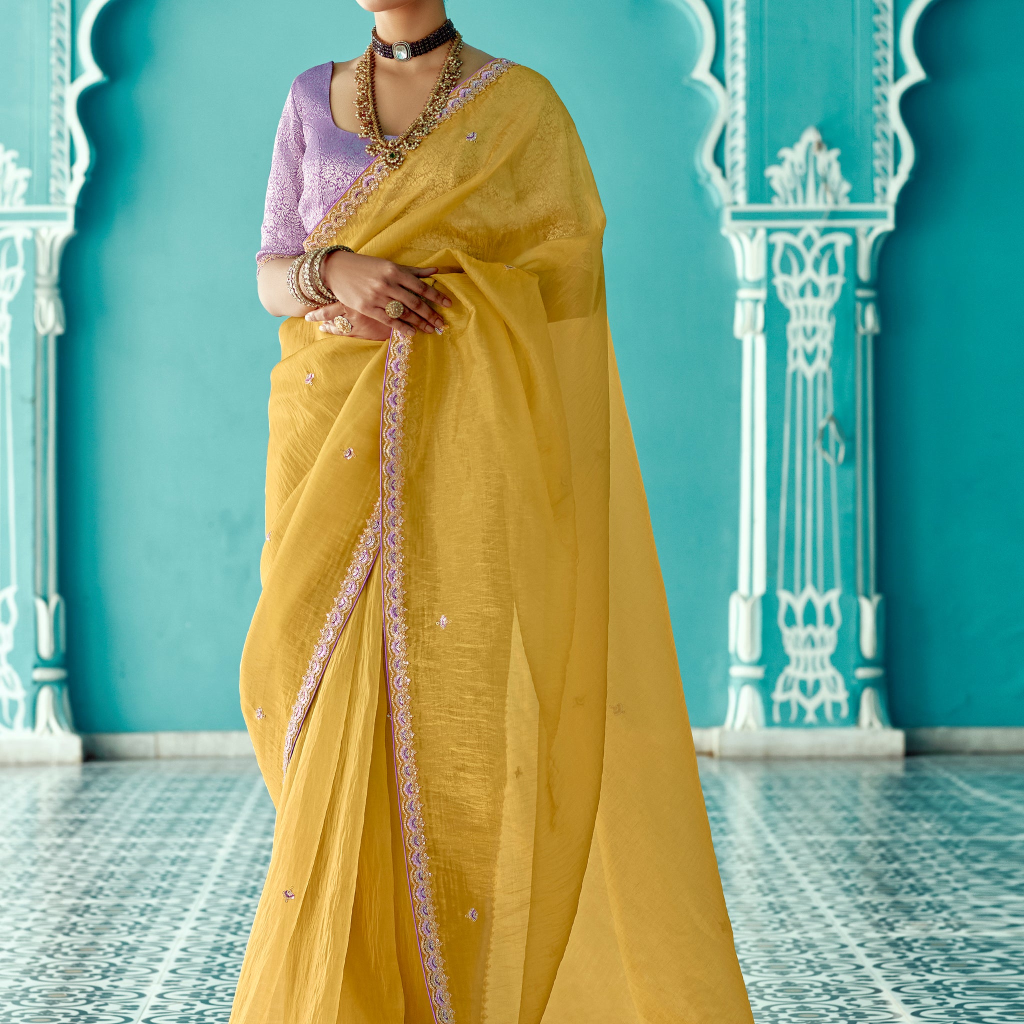 Charming Yellow Sequins Embroidered Tissue Silk Haldi Wear Saree