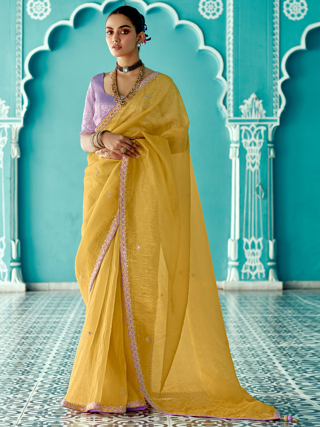 Charming Yellow Sequins Embroidered Tissue Silk Haldi Wear Saree
