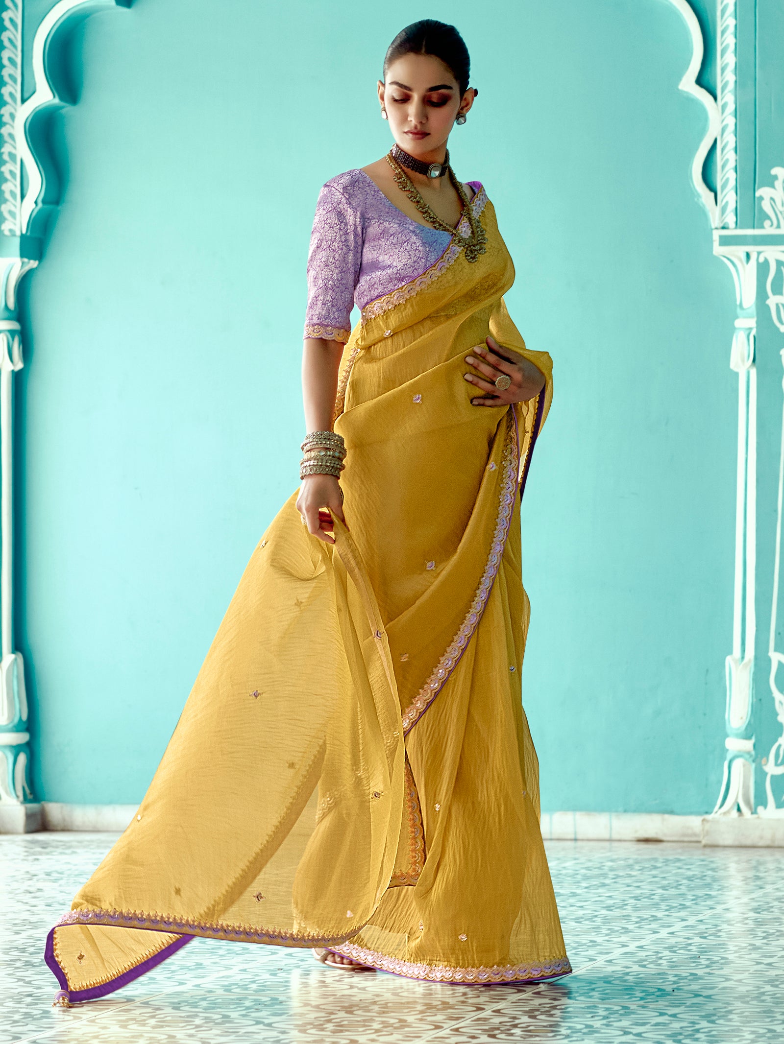 Charming Yellow Sequins Embroidered Tissue Silk Haldi Wear Saree