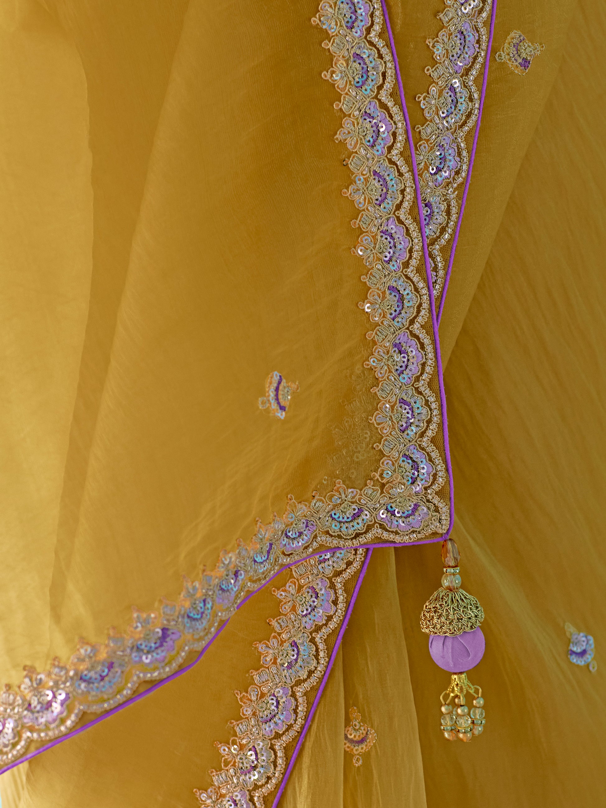 Charming Yellow Sequins Embroidered Tissue Silk Haldi Wear Saree