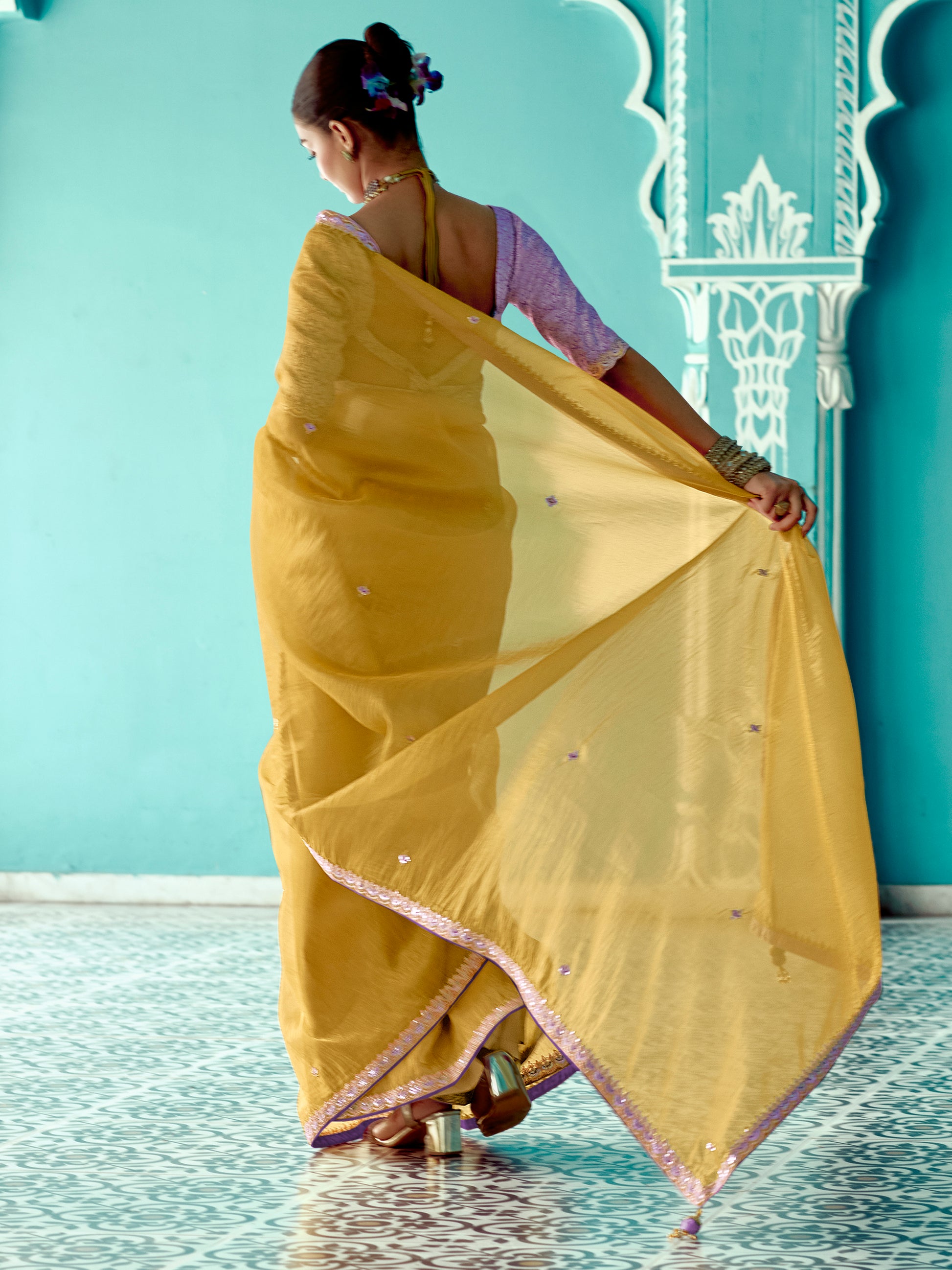 Charming Yellow Sequins Embroidered Tissue Silk Haldi Wear Saree