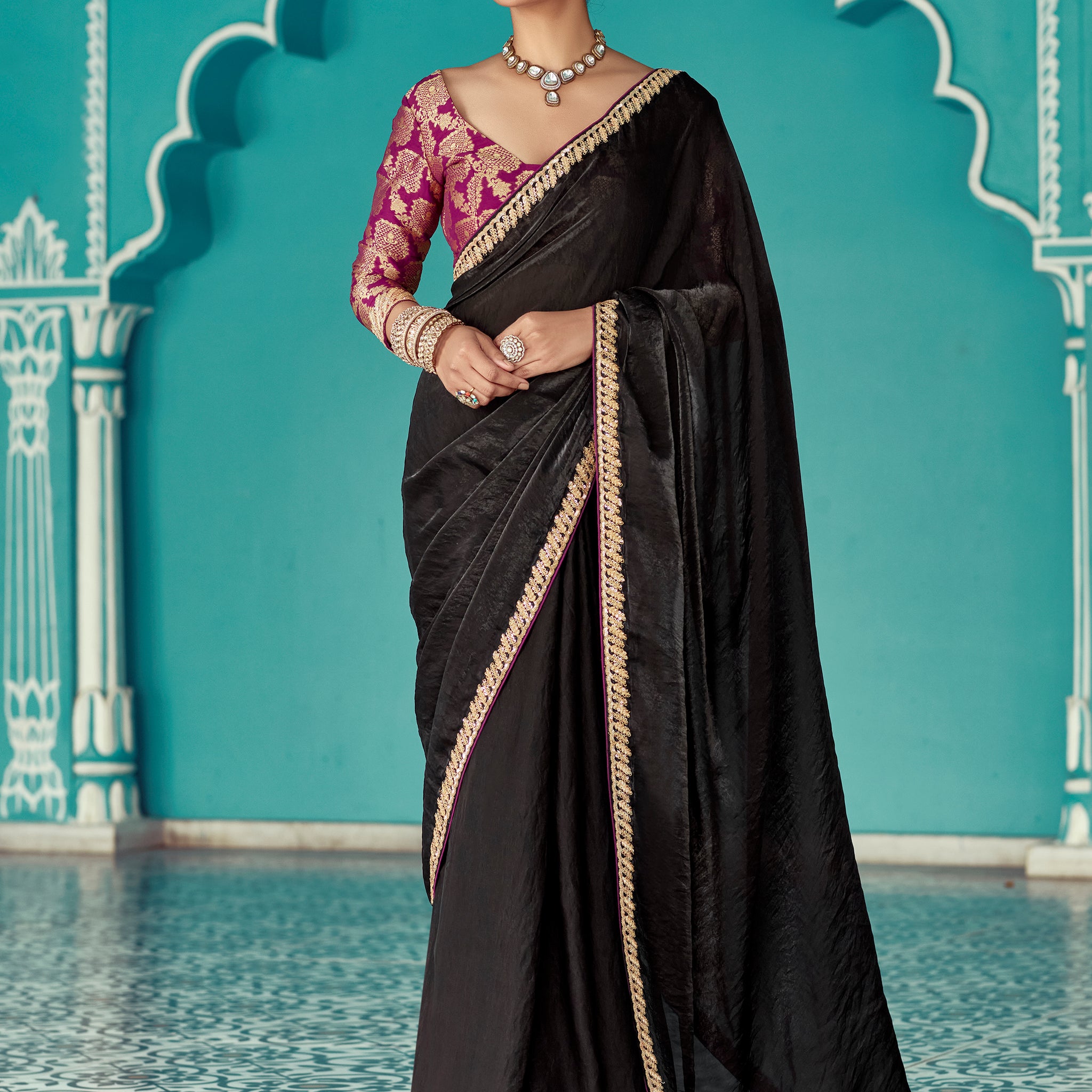 Incredible Black Sequins Embroidered Tissue Silk Party Wear Saree With Blouse