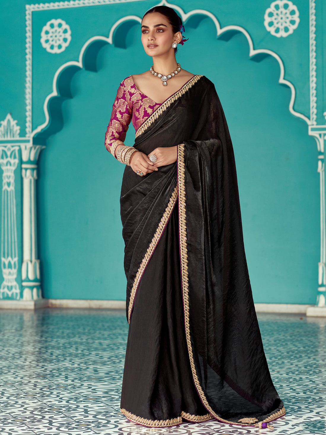 Incredible Black Sequins Embroidered Tissue Silk Party Wear Saree With Blouse