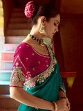 Excellent Teal Green Sequins Work Organza Wedding Wear Saree With Blouse