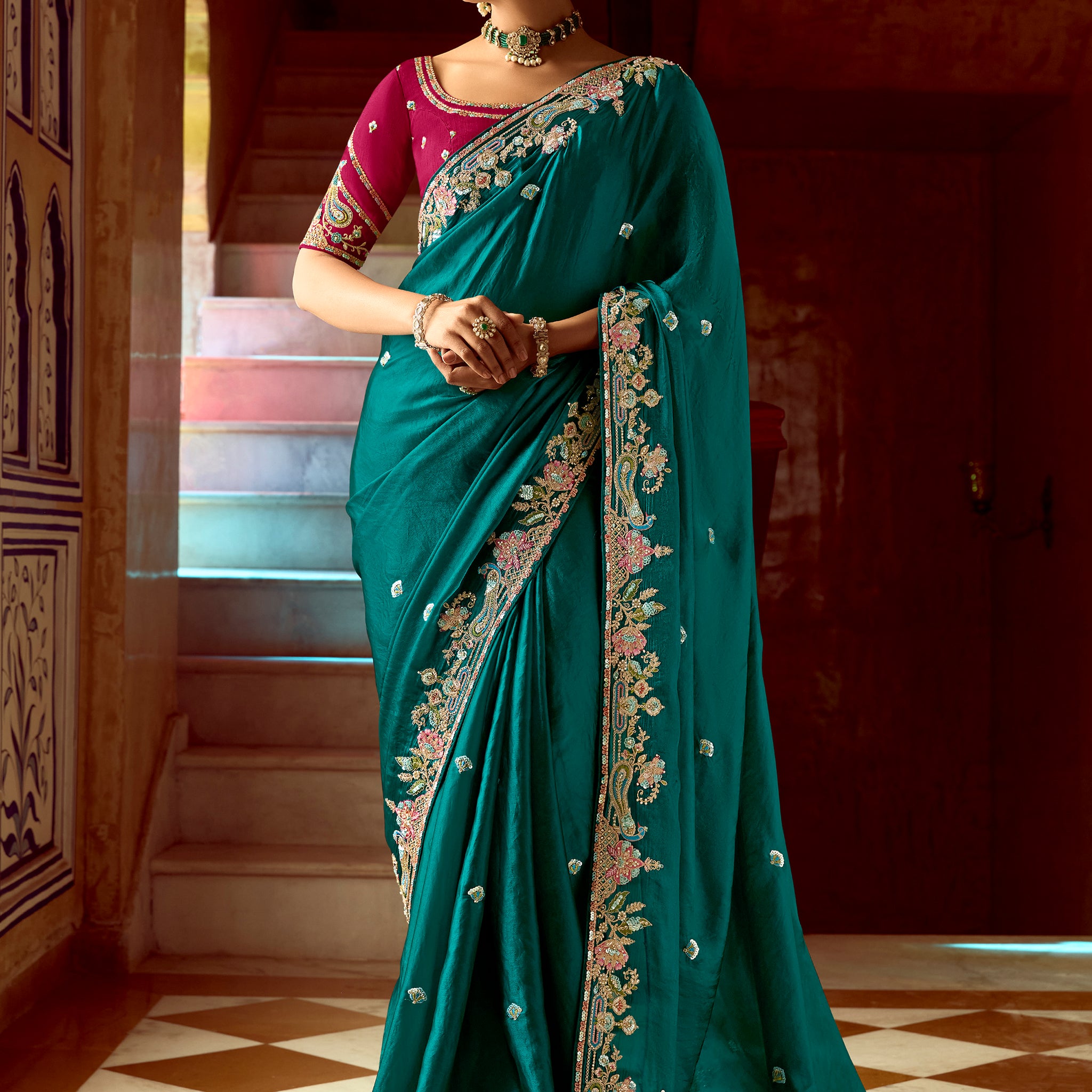 Excellent Teal Green Sequins Work Organza Wedding Wear Saree With Blouse