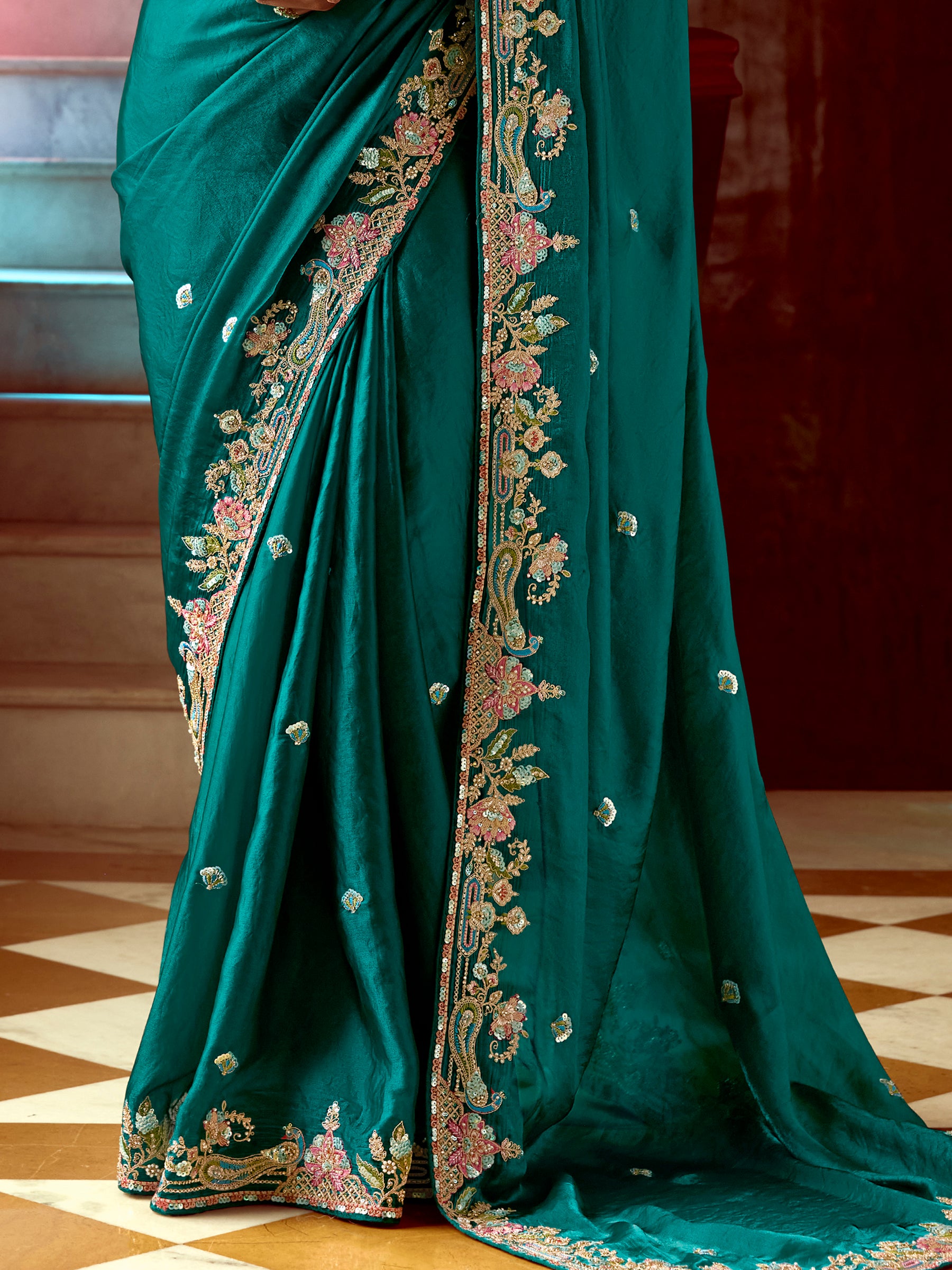 Excellent Teal Green Sequins Work Organza Wedding Wear Saree With Blouse