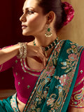 Excellent Teal Green Sequins Work Organza Wedding Wear Saree With Blouse