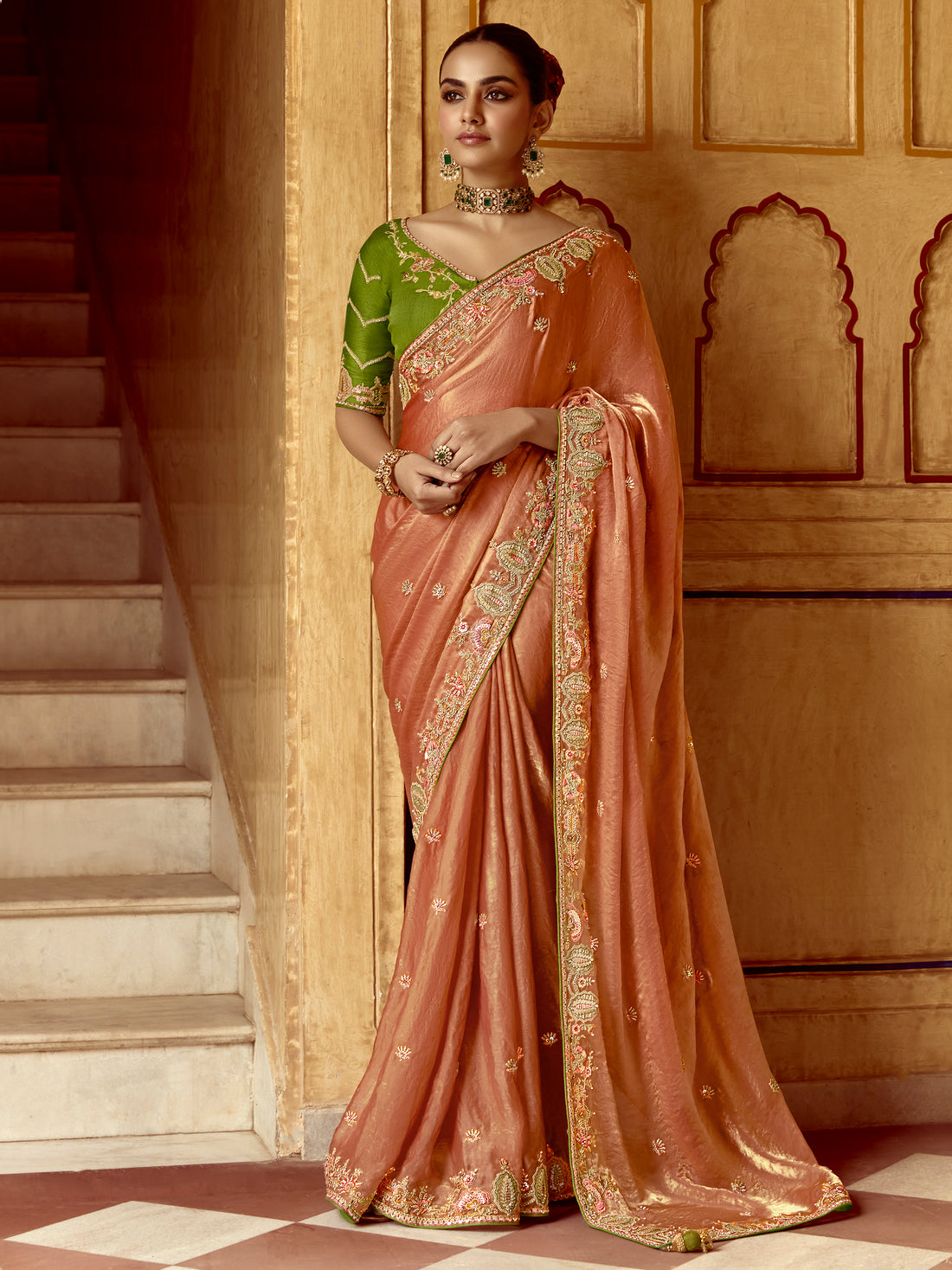 Fantastic Peach Heavy Border Work Organza Festive Wear Saree With Blouse