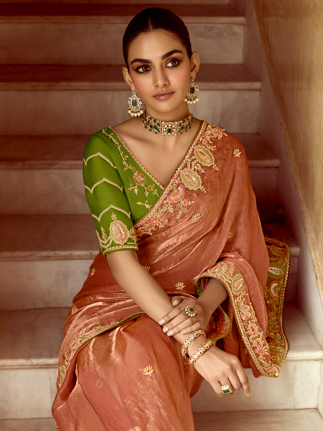 Fantastic Peach Heavy Border Work Organza Festive Wear Saree With Blouse