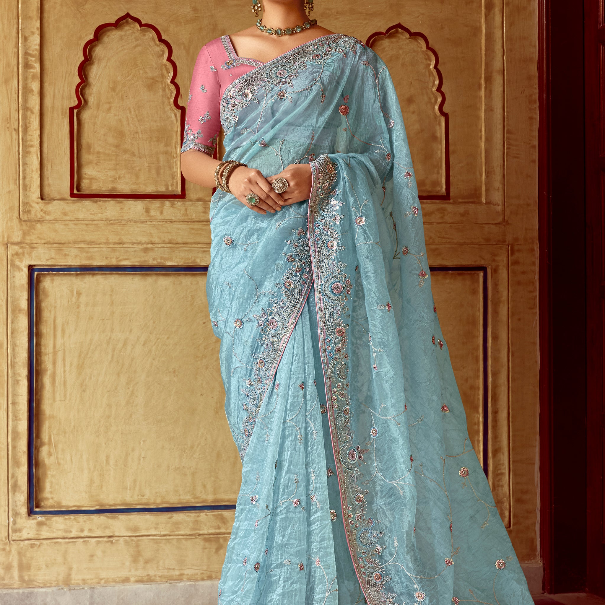 Charming Sky-Blue Sequins Organza Designer Saree With Blouse