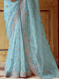 Charming Sky-Blue Sequins Organza Designer Saree With Blouse