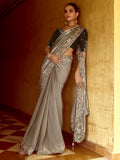 Amazing Grey Sequins Organza Traditional Wear Saree With Blouse