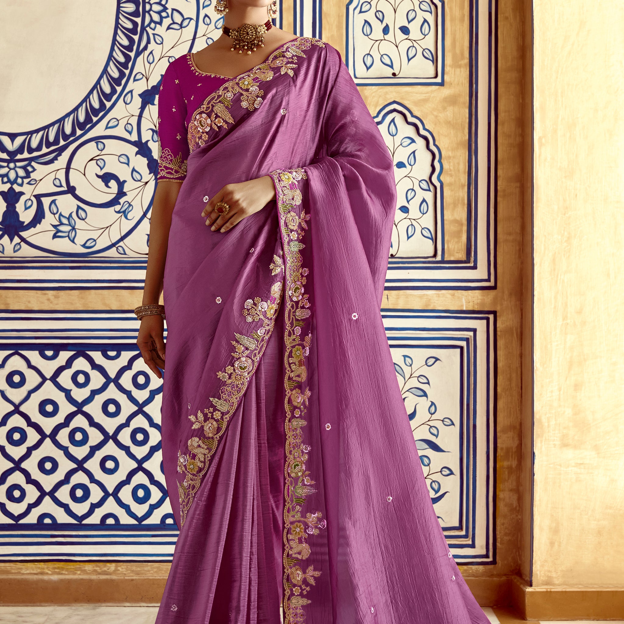 Fantastic Purple Thread Embroidered Organza Engagement Wear Saree