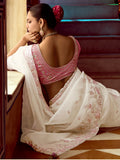 Gorgeous White Heavy Bordered Organza Silk Saree With Blouse