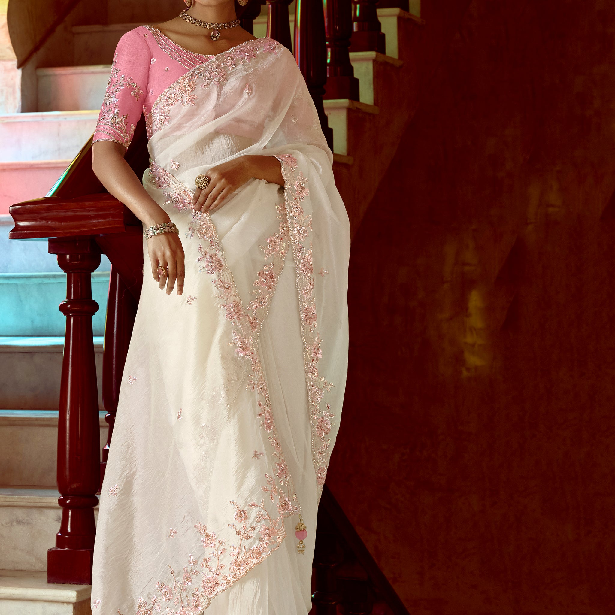Gorgeous White Heavy Bordered Organza Silk Saree With Blouse