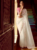 Gorgeous White Heavy Bordered Organza Silk Saree With Blouse