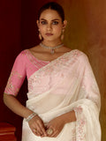 Gorgeous White Heavy Bordered Organza Silk Saree With Blouse
